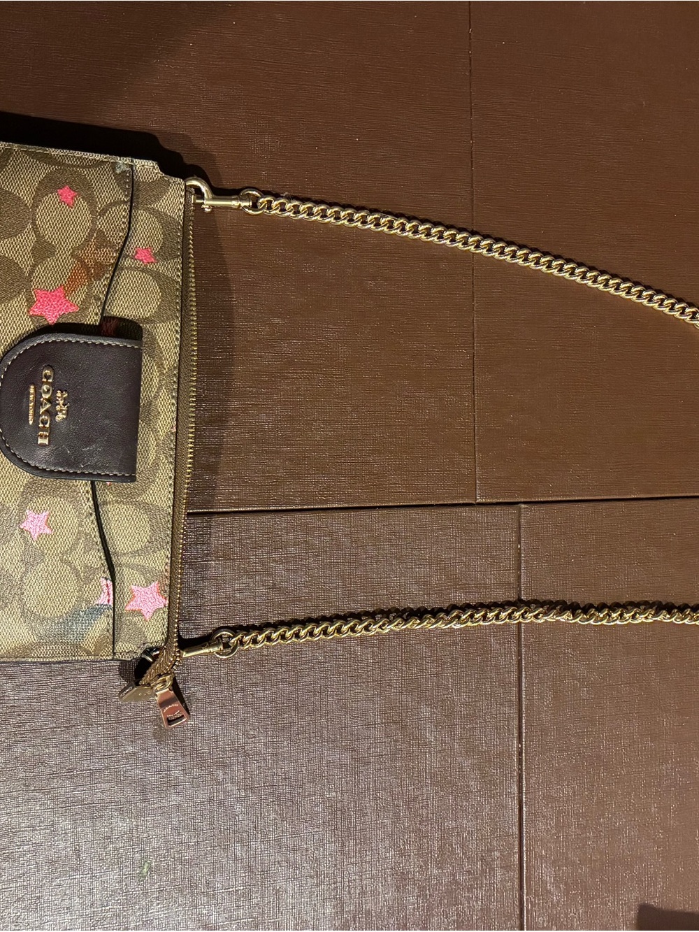 Coach Signature Canvas Crossbody Bag in Brown with Pink Stars